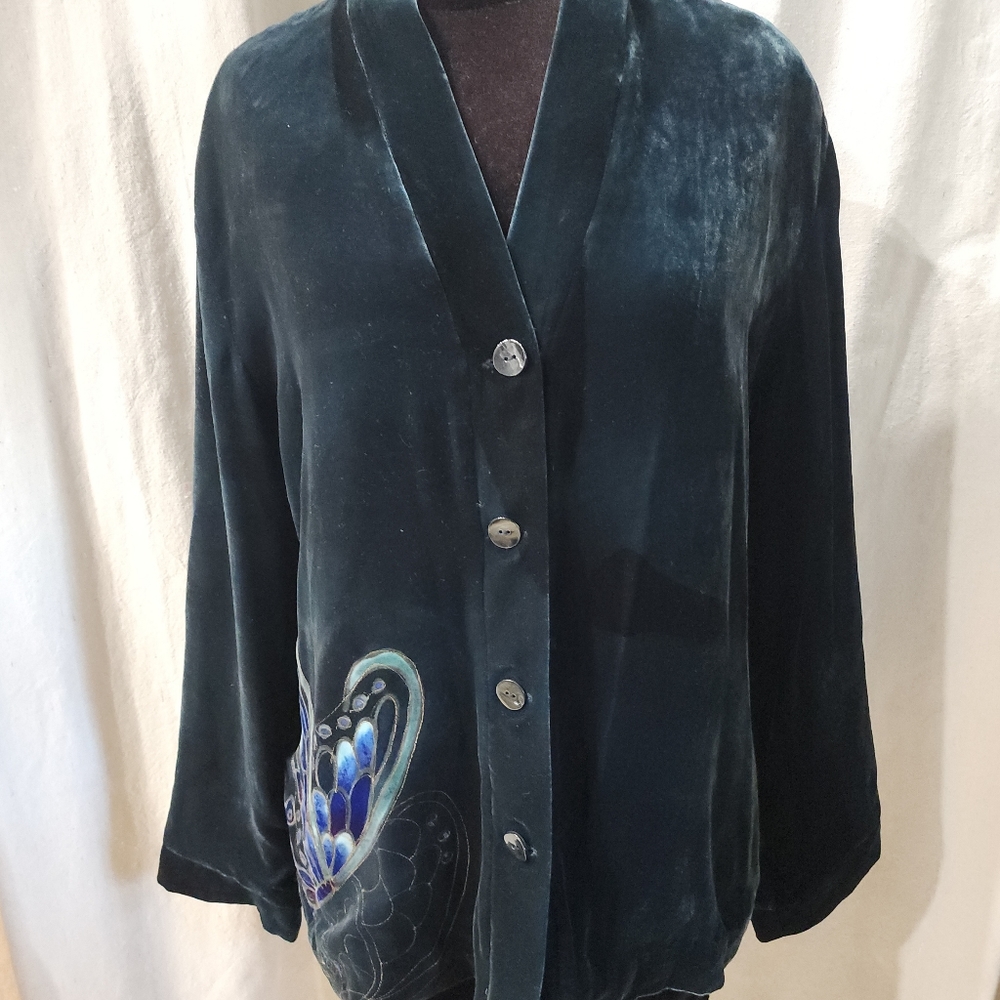 Chicos Vintage Silk Velvet Art Painted Butterfly Jacket Anniversary Co SZ 1
